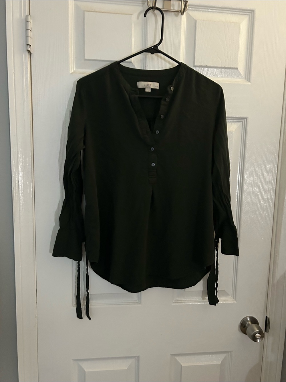 LOFT Black Henley Tie-Sleeve Blouse